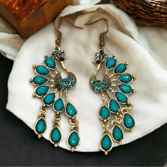 Teal Peacock Earrings - Picture 1 of 8